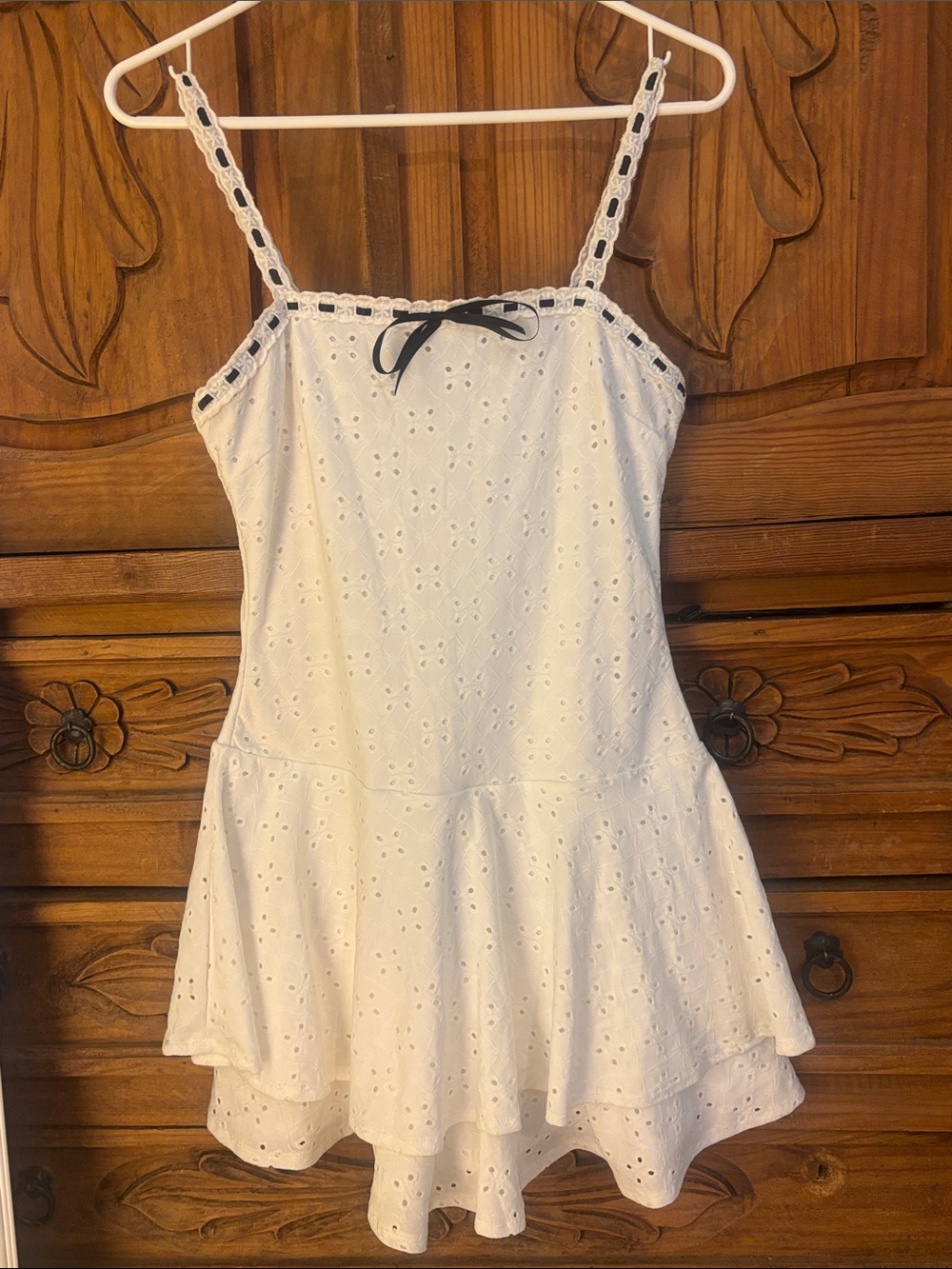 Women’s White Eyelet Romper with Black Bow